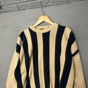 Woods & Gray Mens Striped Crewneck Sweater Beige Black L/G Cotton
